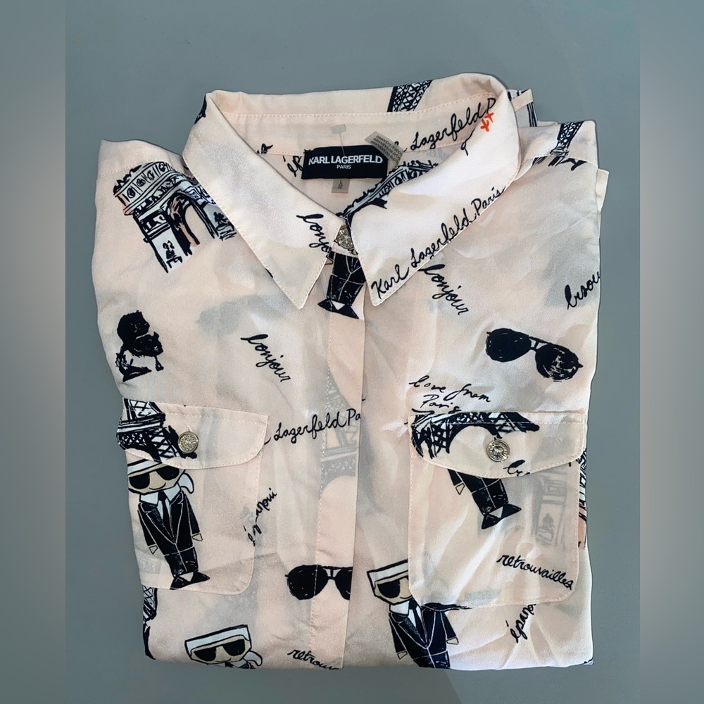 Karl Lagerfeld Paris Long Sleeve Blouse Pink Eiffel Tower Top Women's Size L - Picture 10 of 15